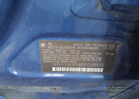 2007 BMW 328I from USA, damaged, VIN WBAVA33587PG39935